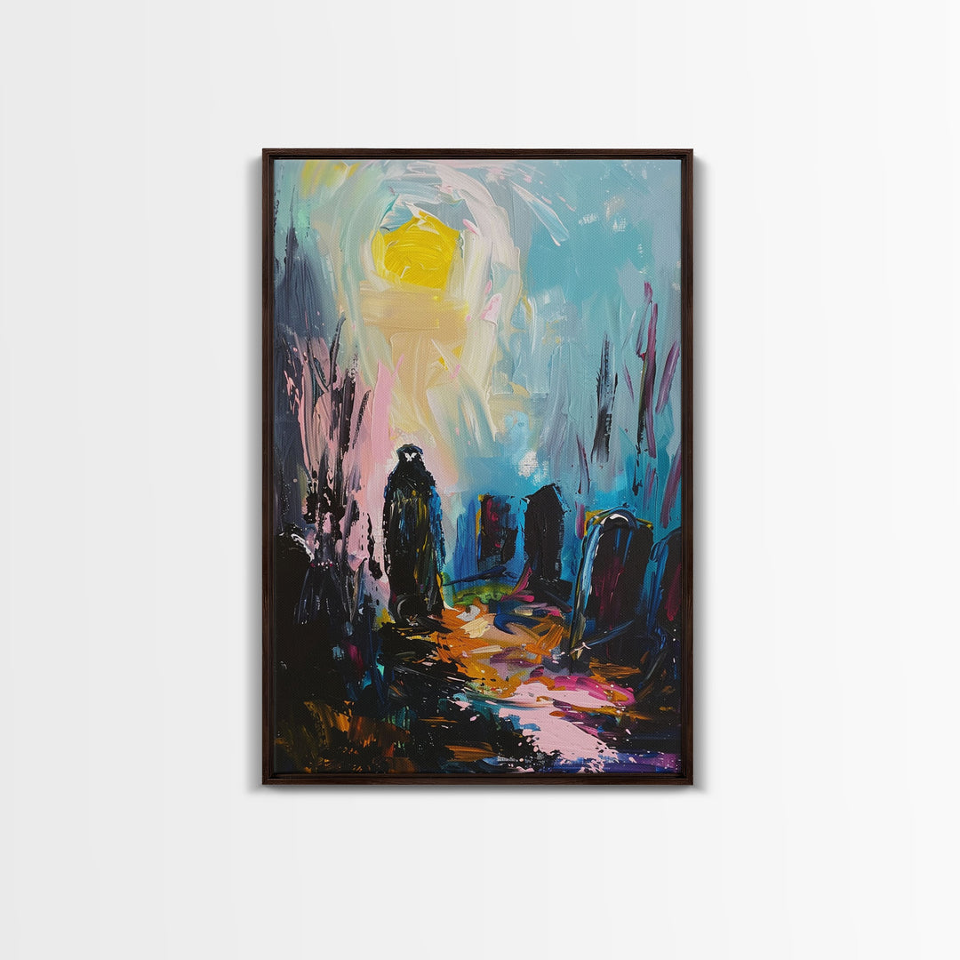 Creepy Haunted Cemetary Framed Canvas Print Halloween Art, Impasto Style Spooky Season Decor