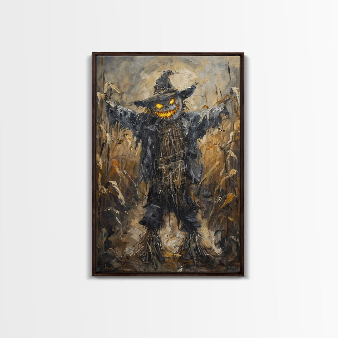 Sinister Scarecrow in Cornfield Framed Canvas Print | Halloween Horror Art | Spooky Farm Art | Creepy Scarecrow Art for Home Decoration