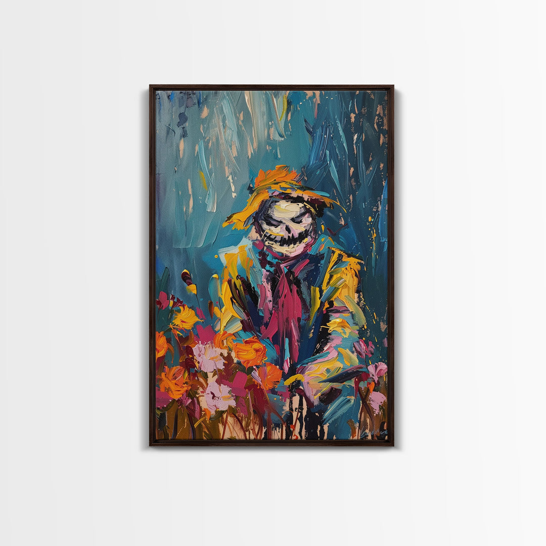 Colorful Scarecrow in Flower Field Framed Canvas Print | Halloween Art | Whimsical Spooky Art | Playful Scarecrow Art for Home Decor