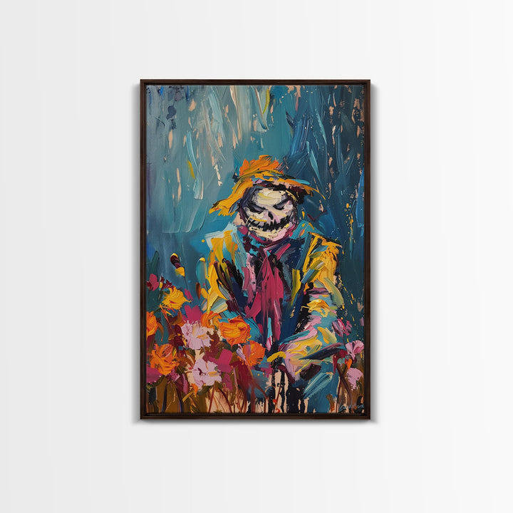 Colorful Scarecrow in Flower Field Framed Canvas Print | Halloween Art | Whimsical Spooky Art | Playful Scarecrow Art for Home Decor