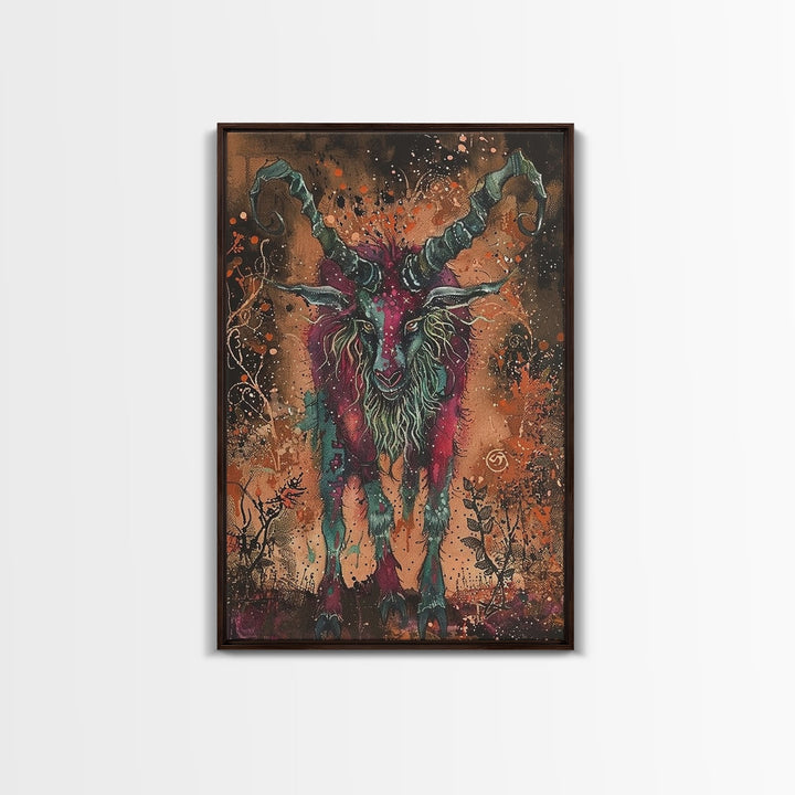 Mysterious Goat Demon Framed Canvas Print, Halloween Art, Unique Wall Art, Spooky Home Decor, Scary Art, Eerie Living Room Decor