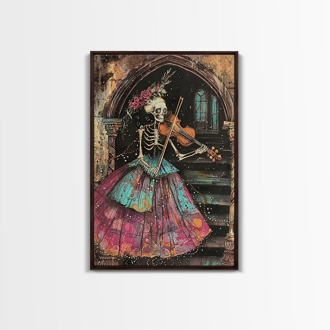 Elegant Skeleton Violinist in Gown Framed Canvas Print, Halloween Art, Creepy Wall Art, Spooky Home Decor, Art, Vintage Living Room Decor