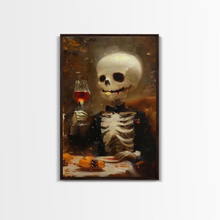 Spooky Skeleton Enjoying a Glass of Wine - Elegant Skeleton Dining - Halloween Art Print - Skeleton Decor - Spooky Art for Halloween Parties