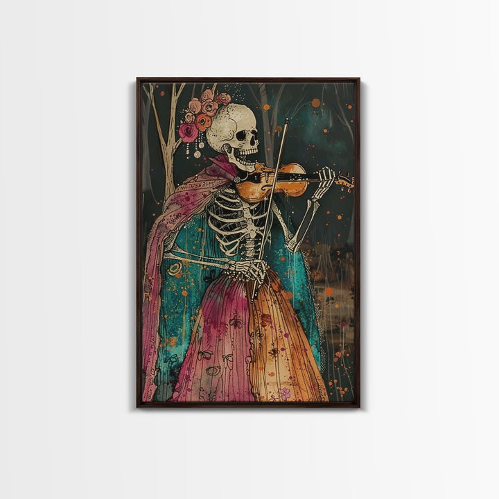 Day of the Dead Skeleton Playing Violin - Colorful Skeleton Art - Dia de los Muertos Inspired Print - Halloween Skeleton Decor