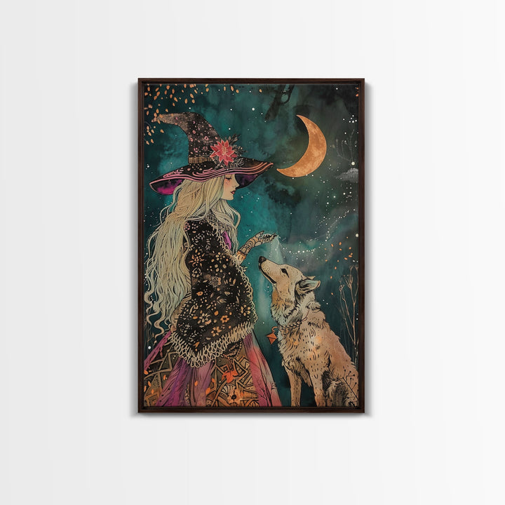 Mystical Witch and Wolf Under Crescent Moon - Halloween Wall Art - Spooky Home Decor - Perfect Halloween Gift - Witch and Wolf Painting