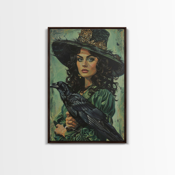 Raven Witch in Green Dress - Halloween Wall Art - Spooky Home Decor - Witch and Raven Painting - Gothic Halloween Decoration