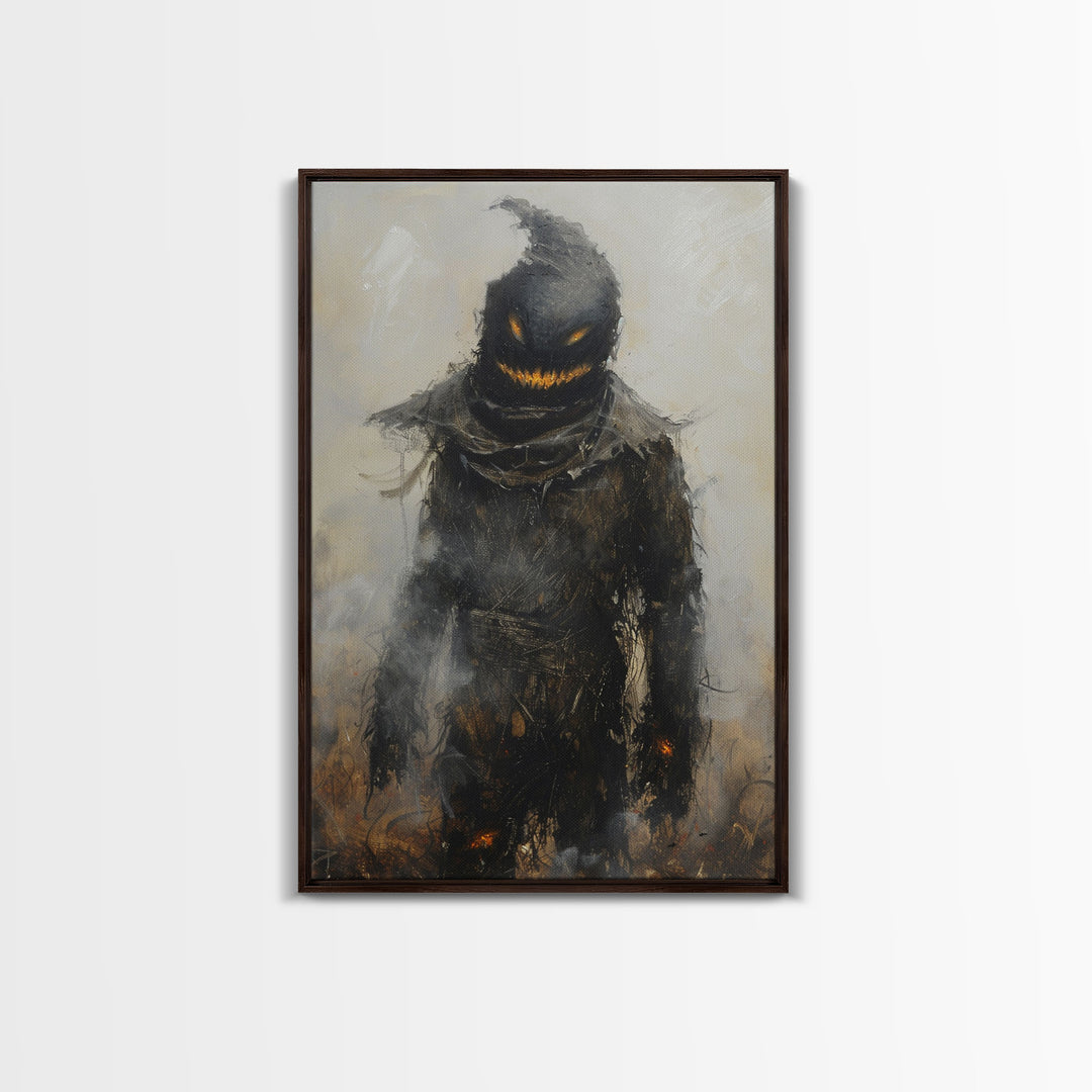 Scarecrow with Glowing Eyes in Dark Field, Framed Canvas Print, Halloween Scarecrow Art, Spooky Farm Decor, Creepy Harvest Illustration