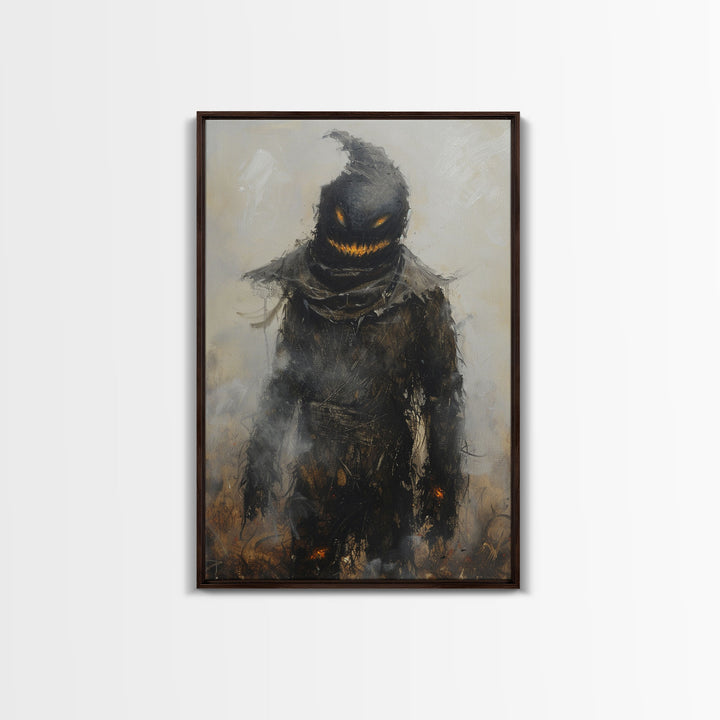 Scarecrow with Glowing Eyes in Dark Field, Framed Canvas Print, Halloween Scarecrow Art, Spooky Farm Decor, Creepy Harvest Illustration
