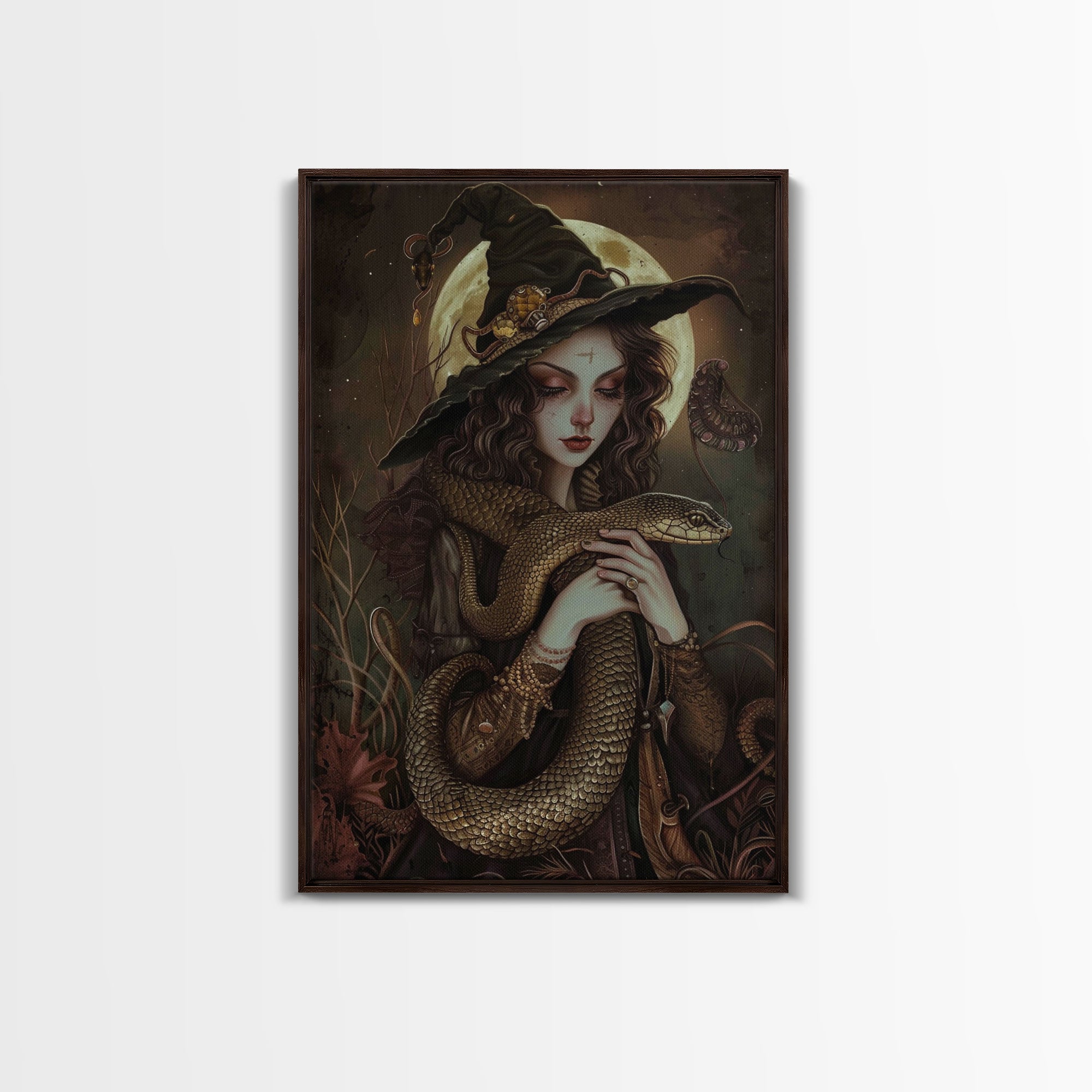 Witch Holding Snake under Full Moon - Dark Forest Sorcery Gothic