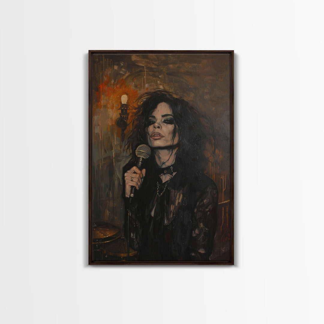 Gothic Singer with Dark Makeup - Halloween Art, Gothic Art, Spooky Decor Haunted Concert Dark Music Art, Eerie Portrait, Framed Canvas Print