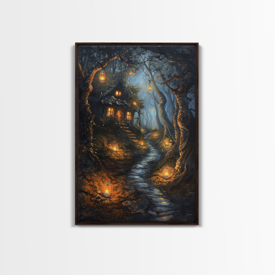 Spooky Cottage in Forest, Halloween Art, Spooky Wall Decor, Framed Canvas Print, Creepy Art, Halloween Wall Decor, Seasonal Wall Art