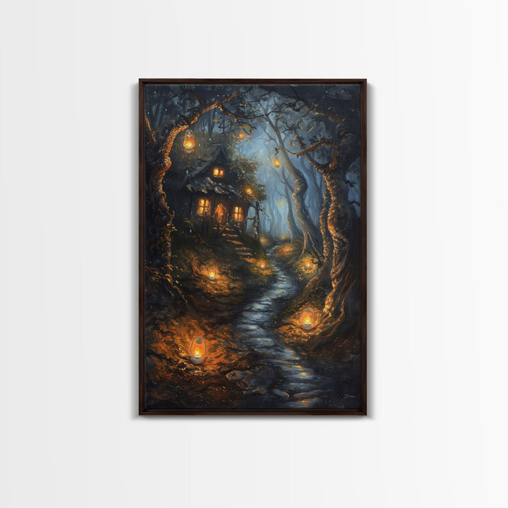 Spooky Cottage in Forest, Halloween Art, Spooky Wall Decor, Framed Canvas Print, Creepy Art, Halloween Wall Decor, Seasonal Wall Art