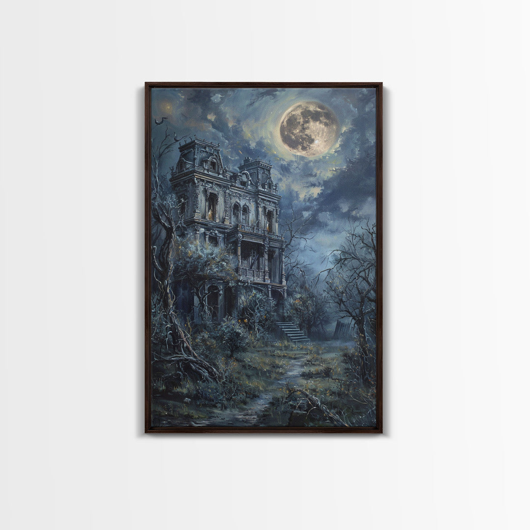 Haunted Victorian Mansion Halloween Art, Spooky House, Haunted Home, Creepy Building, Gothic Decor, Framed Canvas Print