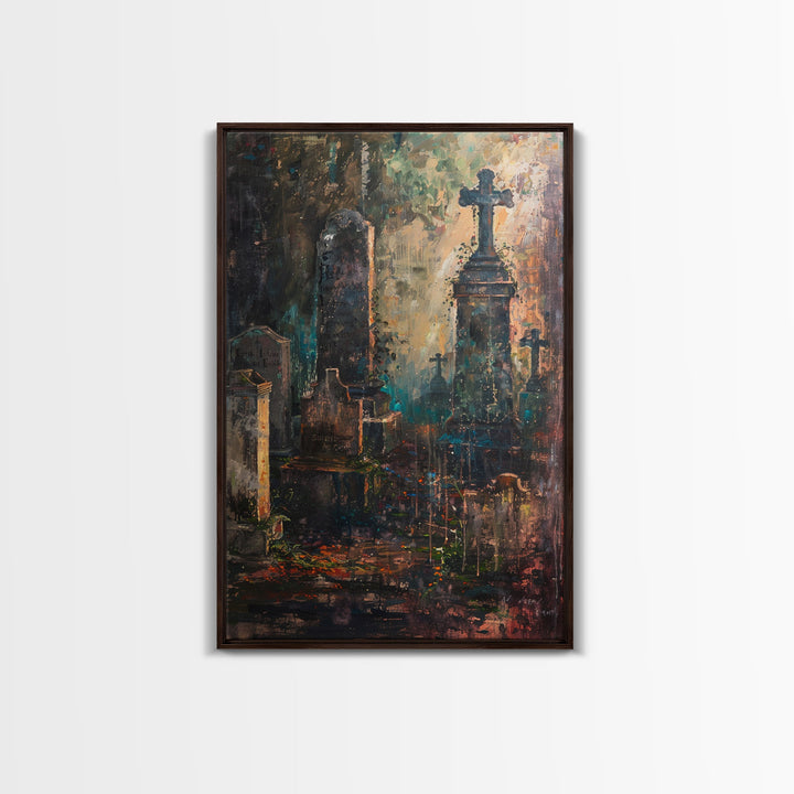 Gloomy Cemetery Halloween Art, Spooky Graveyard, Haunted Cemetery, Creepy Gravestones, Dark Artwork, Framed Canvas Print
