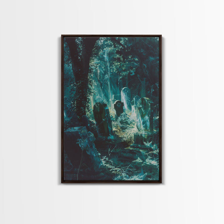 Haunted Graveyard Framed Canvas Print, Halloween Wall Art, Spooky Cemetery, Midnight Shadows, Haunted Forest, Ghostly Vibes, Gothic Decor
