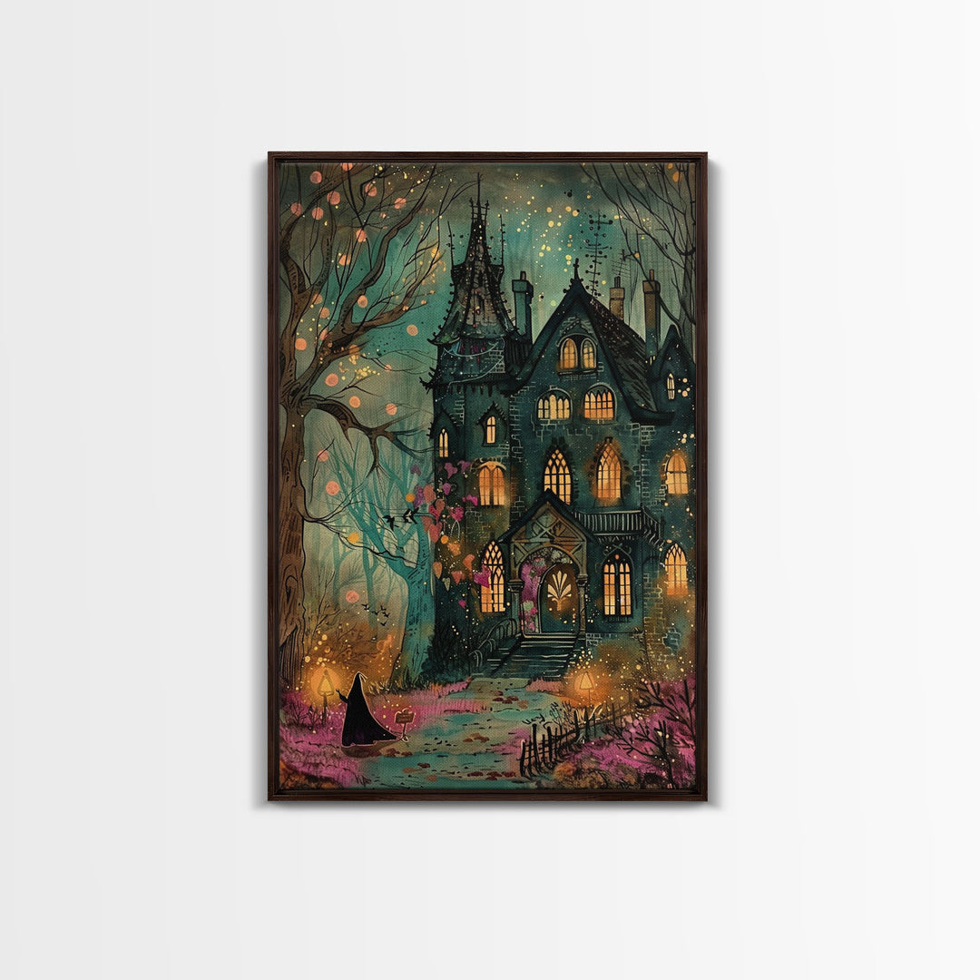 Haunted Mansion On Halloween, Framed Canvas Print, Spooky Vibes Wall Art