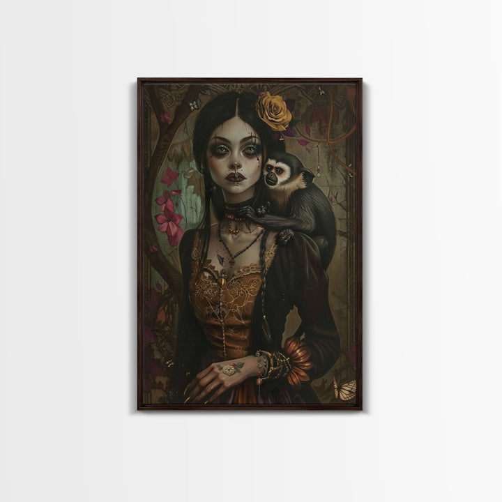 Spooky Halloween Witch Wall Art, Framed Canvas Prince, Halloween Decor, Halloween Gift Spooky Season, Cottage Core Witch and Monkey Familiar