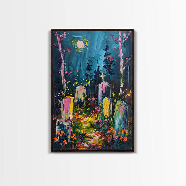 Colorful Cemetery Under Full Moon Framed Canvas Print, Wall Art, Vibrant Home Decor, Halloween Graveyard Painting Spooky Art Halloween Decor