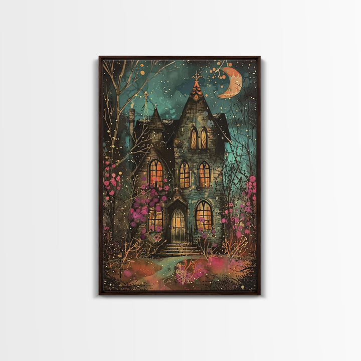 Enchanted Gothic House Framed Canvas Print, Halloween Wall Art, Spooky Art, Home Decor, Living Room Decor, Gothic Artwork, Haunted House