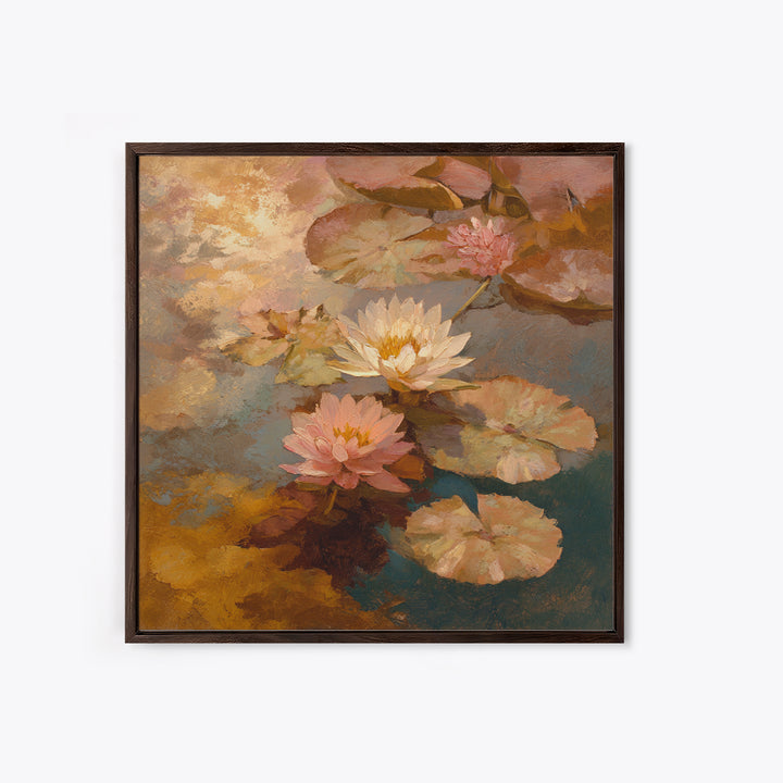 Water Lilies Floating on a Sunlit Pond Framed Canvas Print, Impressionist Art, Modern Decor, Living Room Decor, Impression, IMP-1x1-1