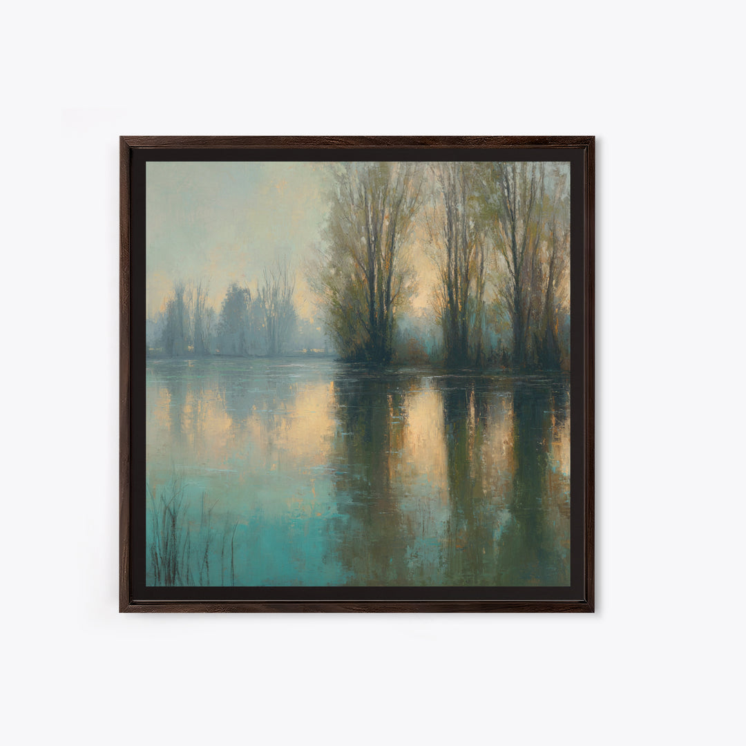 Misty Riverbank with Willow Trees Framed Canvas Print, Impressionist Art, Living Room Decor, Impression, Landscape Art, IMP-1x1-11