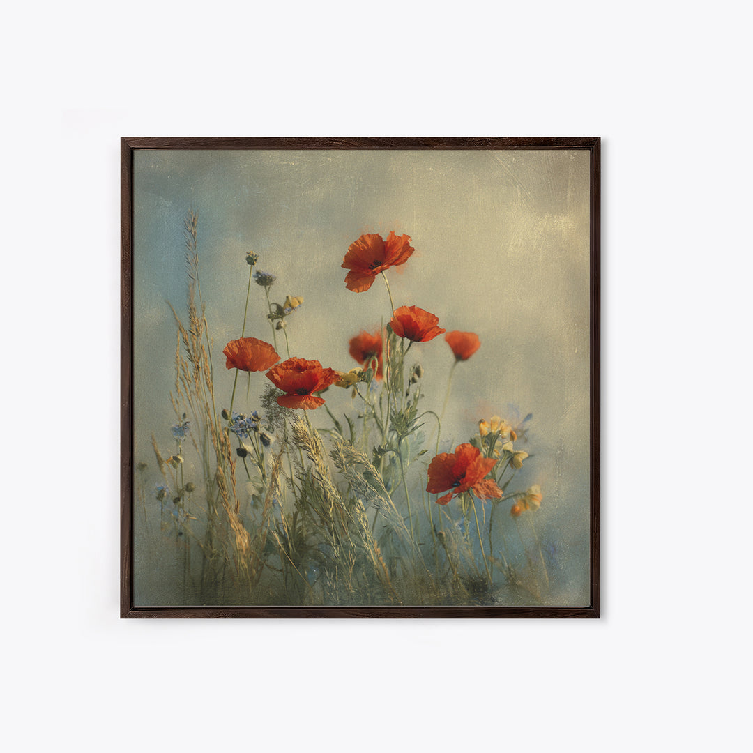 Poppies Blowing Through Green Grass Framed Canvas Print, Impressionist Art, Painting, Living Room Decor, Fine Art, Impression, IMP-1x1-12