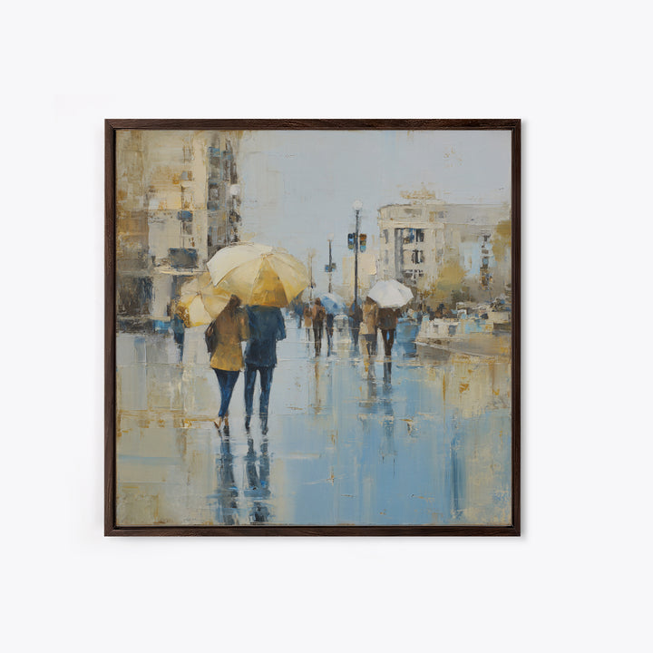 Rainy Boulevard with Umbrella Shapes Framed Canvas Print, Impressionist Art, Neutral Decor, Living Room Decor, Impression, IMP-1x1-21