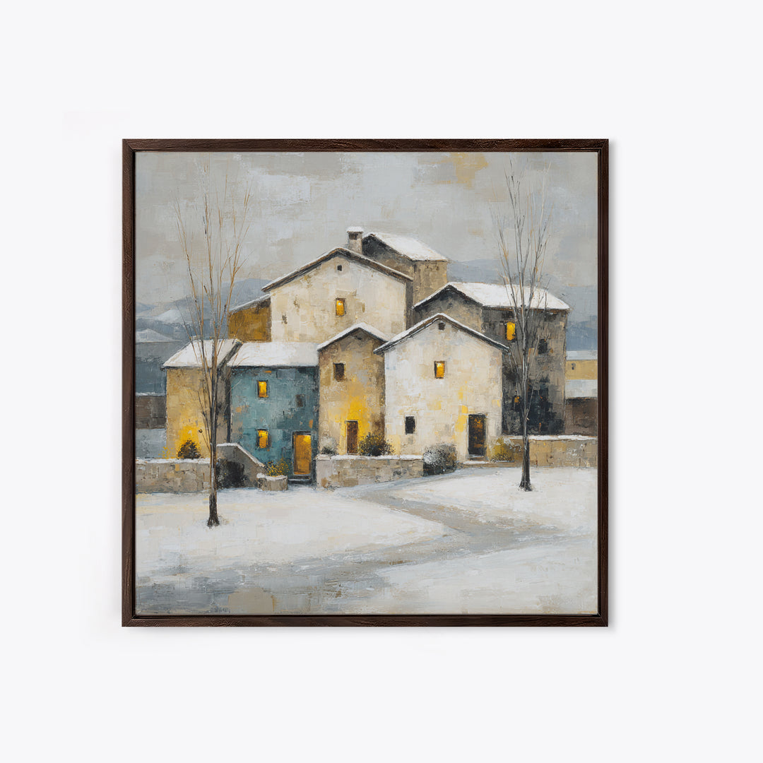 Snowy Village with Warm Glowing Windows Framed Canvas Print, Impressionist Art, Boho Decor, Living Room Decor, Oil Painting, IMP-1x1-37