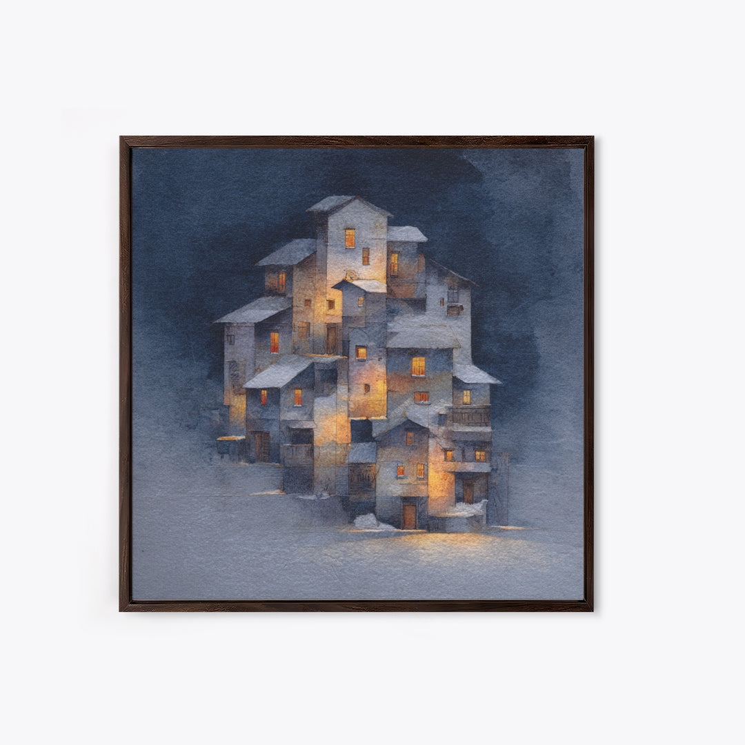 Snowy Village with Warm Glowing Windows Framed Canvas Print, Impressionist Art, Boho Decor, Living Room Decor, Oil Painting, IMP-1x1-61