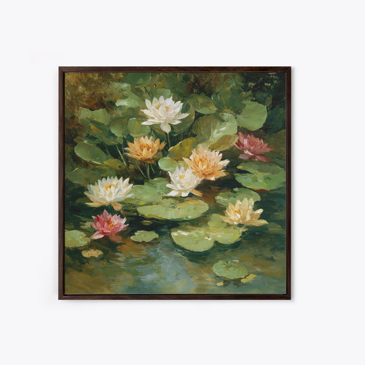 Water Lilies Floating on a Sunlit Pond Framed Canvas Print, Impressionist Art, Living Room Decor, Watercolor Art, Impression, IMP-1x1-73