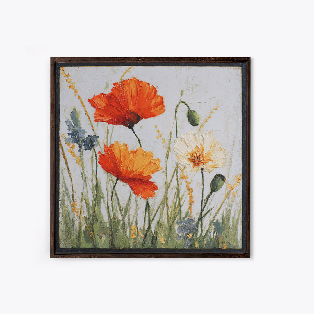 Poppies Blowing Through Green Grass Framed Canvas Print, Impressionist Art, Landscape Art, Living Room Decor, Abstract Art, IMP-1x1-84