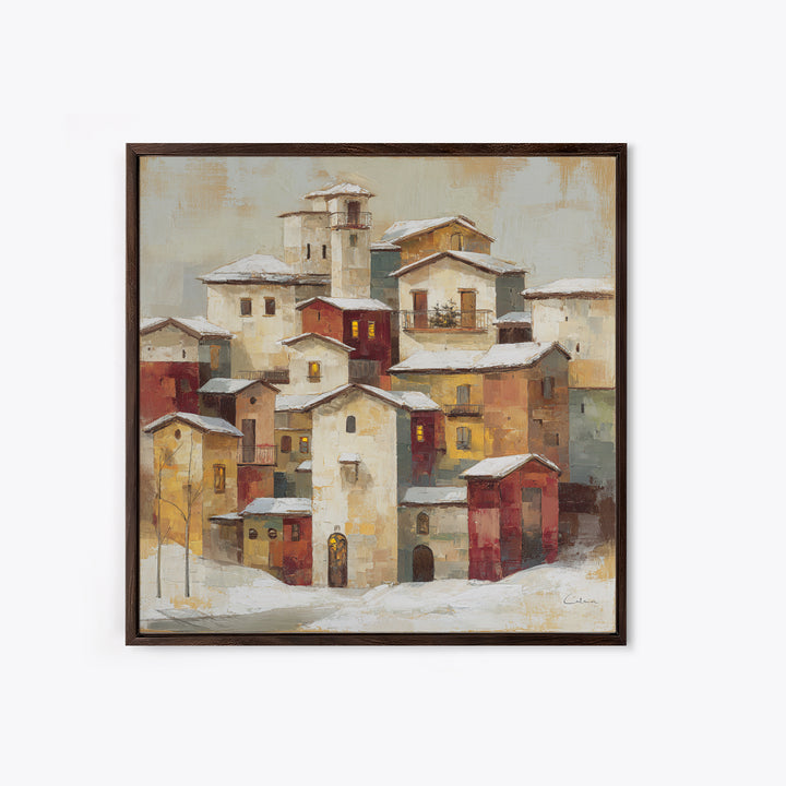 Snowy Village with Warm Glowing Windows Canvas Print, Impressionist Art, Minimalist Decor, Living Room Decor, Impression, IMP-1x1-85