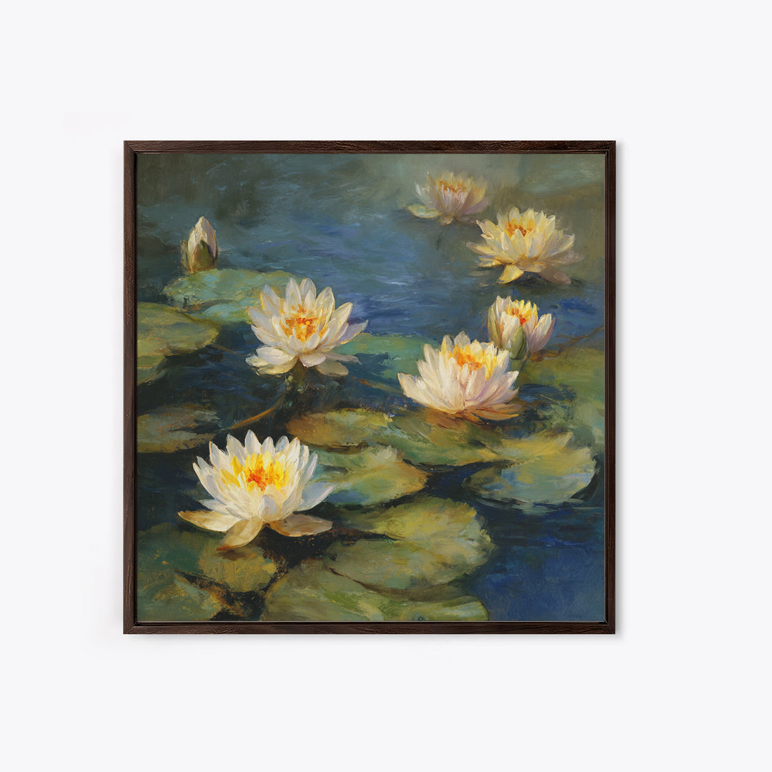 Water Lilies Floating on a Sunlit Pond Canvas Print, Impressionist Art, Oil Painting, Living Room Decor, Impression, IMP-1x1-97