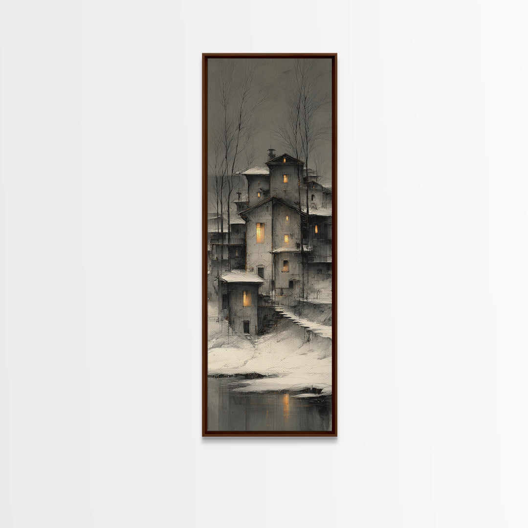 Snowy Village with Warm Glowing Windows Canvas Print, Impressionist Art, Bedroom Decor, Living Room Decor, Fine Art, Impression, IMP-1x3-25