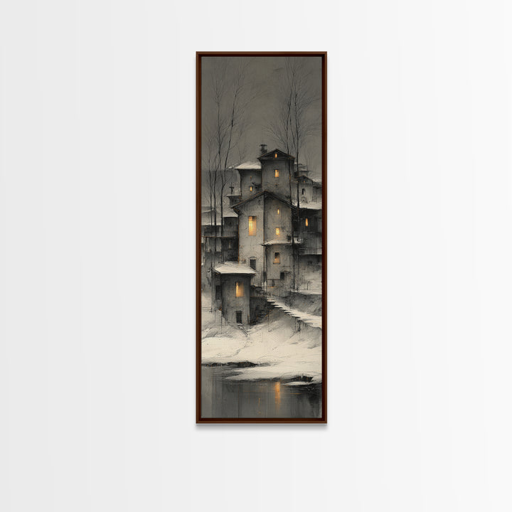 Snowy Village with Warm Glowing Windows Canvas Print, Impressionist Art, Bedroom Decor, Living Room Decor, Fine Art, Impression, IMP-1x3-25