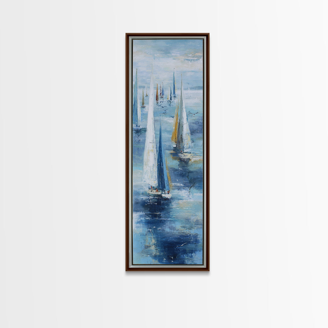 Sailboats on a Bright Sparkling Harbor Framed Canvas Print, Impressionist Art, Wall Art, Living Room Decor, Oil Painting, IMP-1x3-45