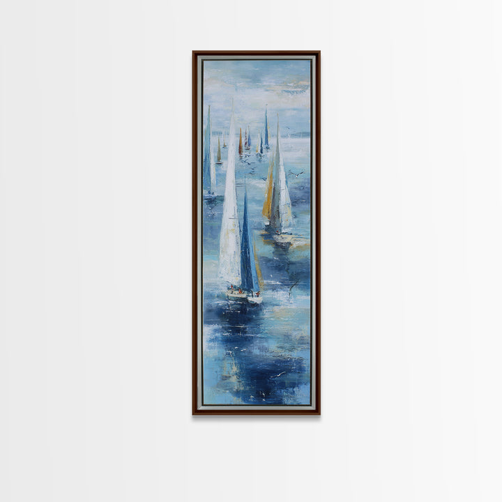 Sailboats on a Bright Sparkling Harbor Framed Canvas Print, Impressionist Art, Wall Art, Living Room Decor, Oil Painting, IMP-1x3-45