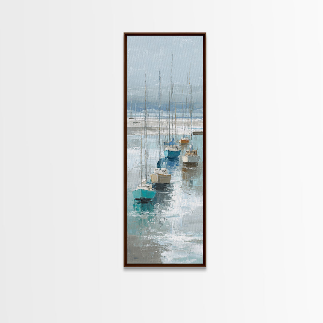 Sailboats on a Bright Sparkling Harbor Framed Canvas Print, Impressionist Art, Wall Art, Living Room Decor, Oil Painting, IMP-1x3-69