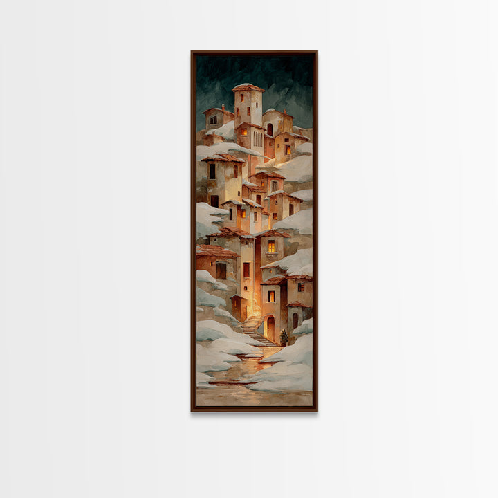 Snowy Village with Warm Glowing Windows Canvas Print, Impressionist Art, Farmhouse Decor, Living Room Decor, Impression, IMP-1x3-73
