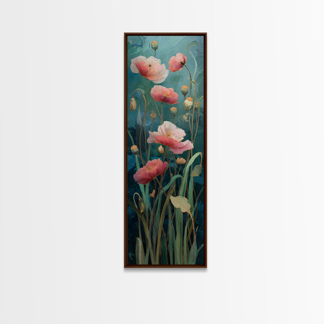 Poppies Blowing Through Green Grass Framed Canvas Print, Impressionist Art, Landscape Art, Living Room Decor, Abstract Art, IMP-1x3-96