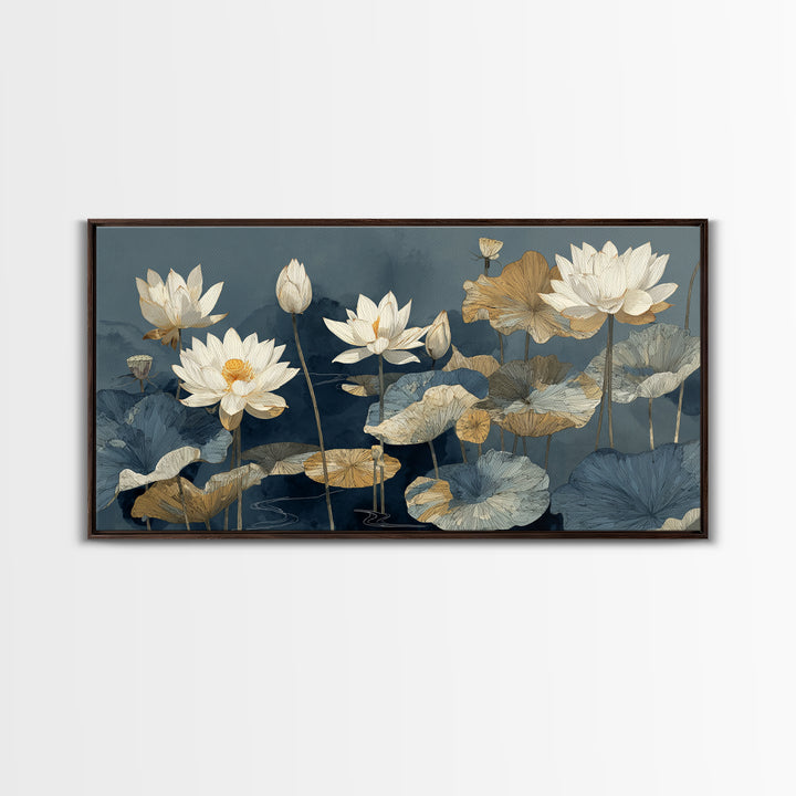 Water Lilies Floating on a Sunlit Pond Canvas Print, Impressionist Art, Oil Painting, Living Room Decor, Impression, IMP-2x1-21