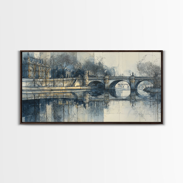 Paris Bridge Reflected Framed Canvas Print, Impressionist Art, Boho Decor, Living Room Decor, Oil Painting, Impression, IMP-2x1-27