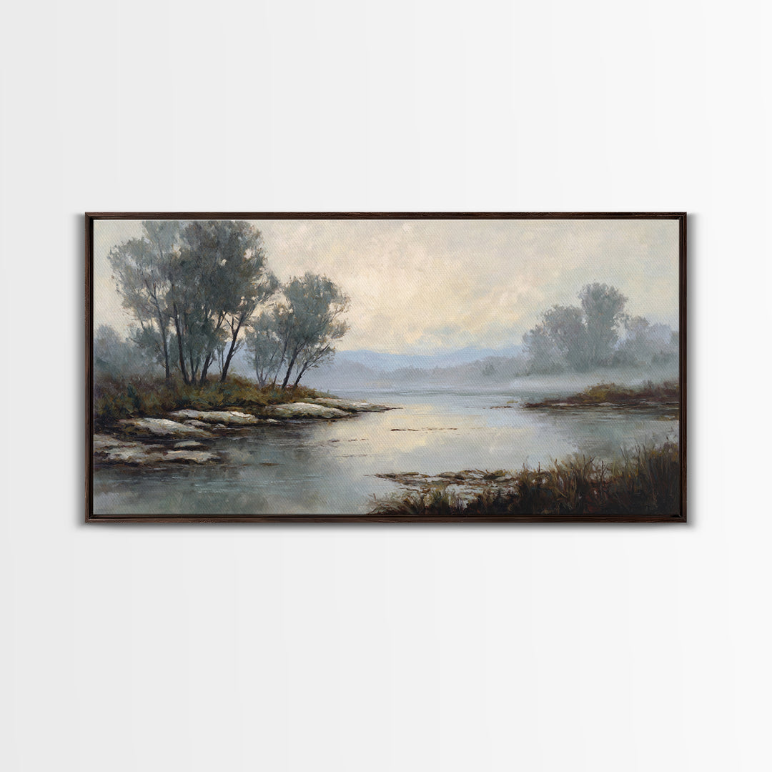 Misty Riverbank with Willow Trees Canvas Print, Impressionist Art, Textured Wall Art, Living Room Decor, Fine Art, Impression, IMP-2x1-31