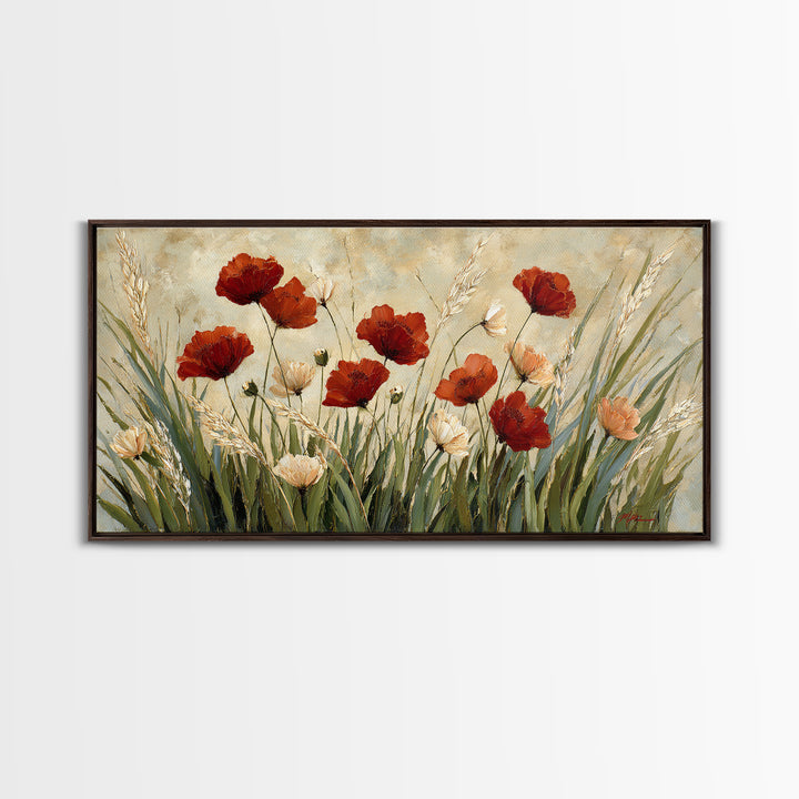Poppies Blowing Through Green Grass Canvas Print, Impressionist Art, Wall Art, Living Room Decor, Oil Painting, Impression, IMP-2x1-32