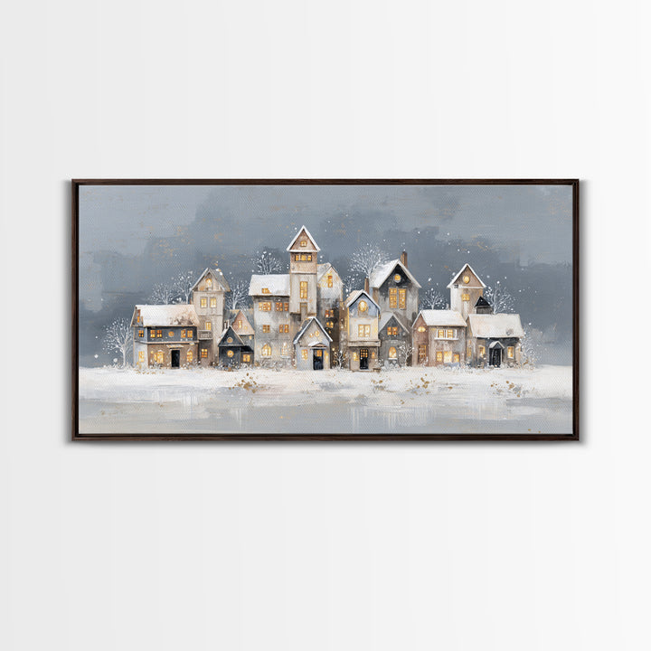 Snowy Village with Warm Glowing Windows Framed Canvas Print, Impressionist Art, Art Print, Living Room Decor, Impression, IMP-2x1-33