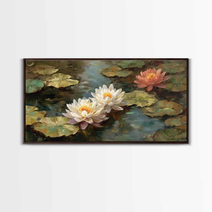 Water Lilies Floating on a Sunlit Pond Framed Canvas Print, Impressionist Art, Farmhouse Decor, Living Room Decor, Impression, IMP-2x1-45