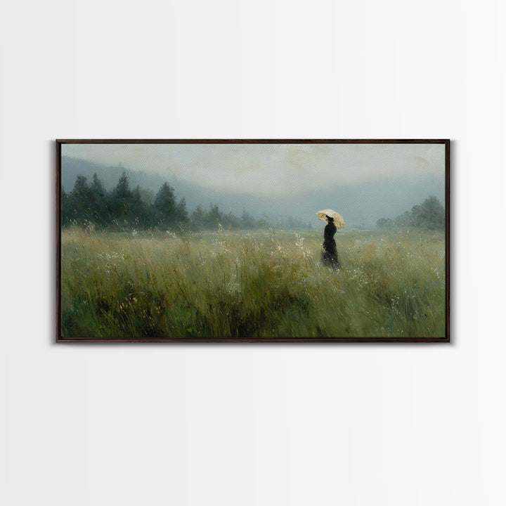 Woman with Parasol in Breezy Meadow Canvas Print, Impressionist Art, Horizontal Wall Art, Living Room Decor, Oil Painting, IMP-2x1-47