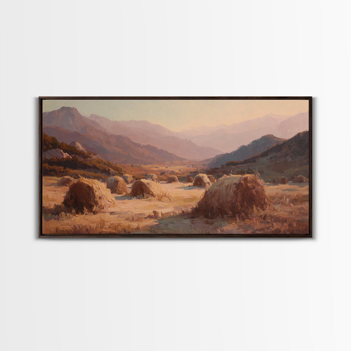 Haystacks Glowing at Golden Hour Canvas Print, Impressionist Art, Art Print, Living Room Decor, Fine Art, Impression, IMP-2x1-48