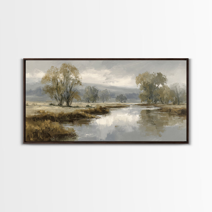 Misty Riverbank with Willow Trees Framed Canvas Print, Impressionist Art, Modern Wall Art, Living Room Decor, Impression, IMP-2x1-55