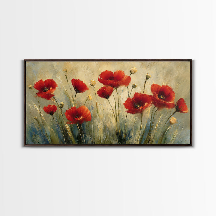 Poppies Blowing Through Green Grass Framed Canvas Print, Impressionist Art, Original Painting, Living Room Decor, Impression, IMP-2x1-56